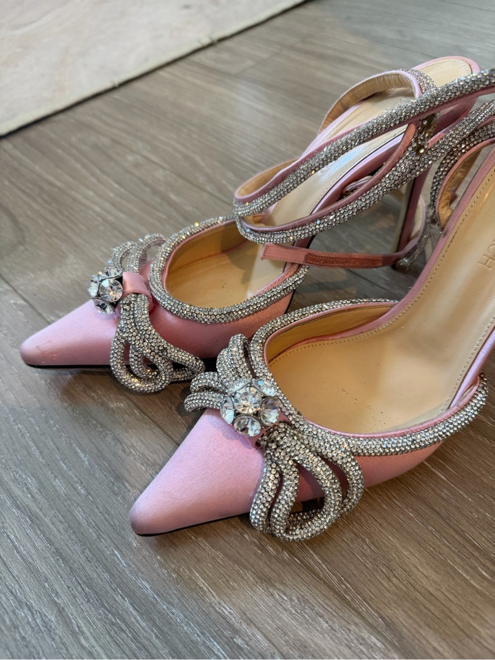 Mach & Mach Pink Satin Crystal-Embellished Pointed-Toe Heels (size 37)